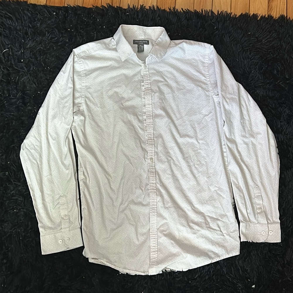 Men's grey-spotted white dress shirt XL